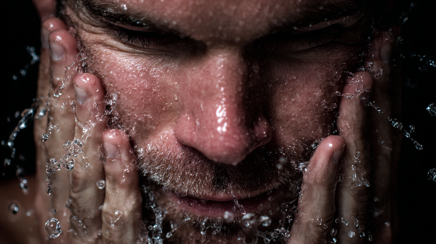 A close-up of a man washing his face, using a men's facial cleanser as part of a daily skincare routine for oily skin.