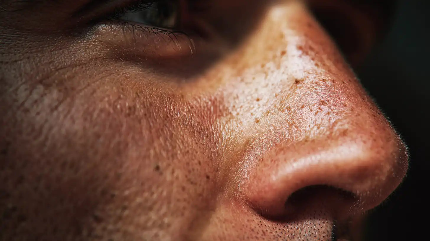 Close up of clear, refined skin texture after using the oil control routine.