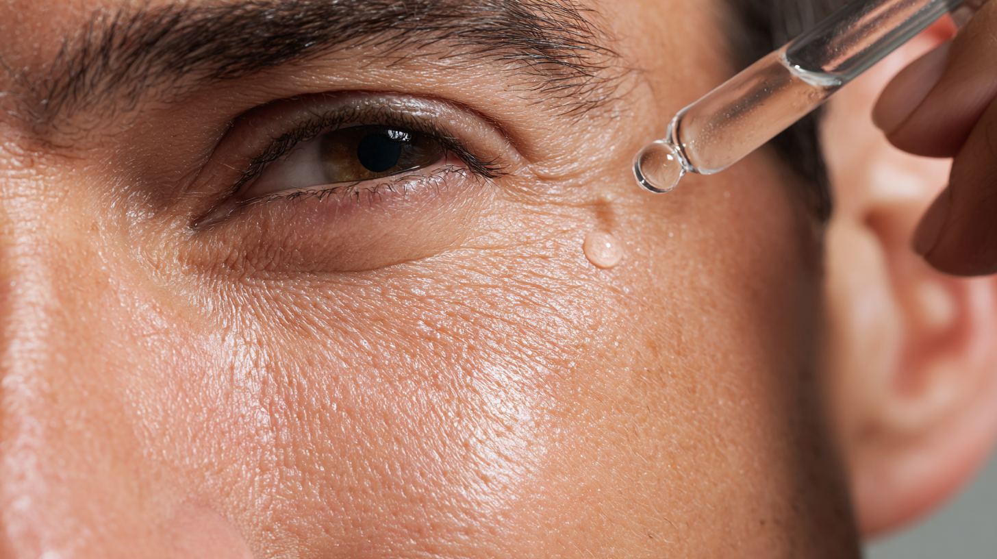 Man applying a lightweight Vitamin C serum, a non-negotiable morning step in a men's skincare routine for anti-aging and protection.