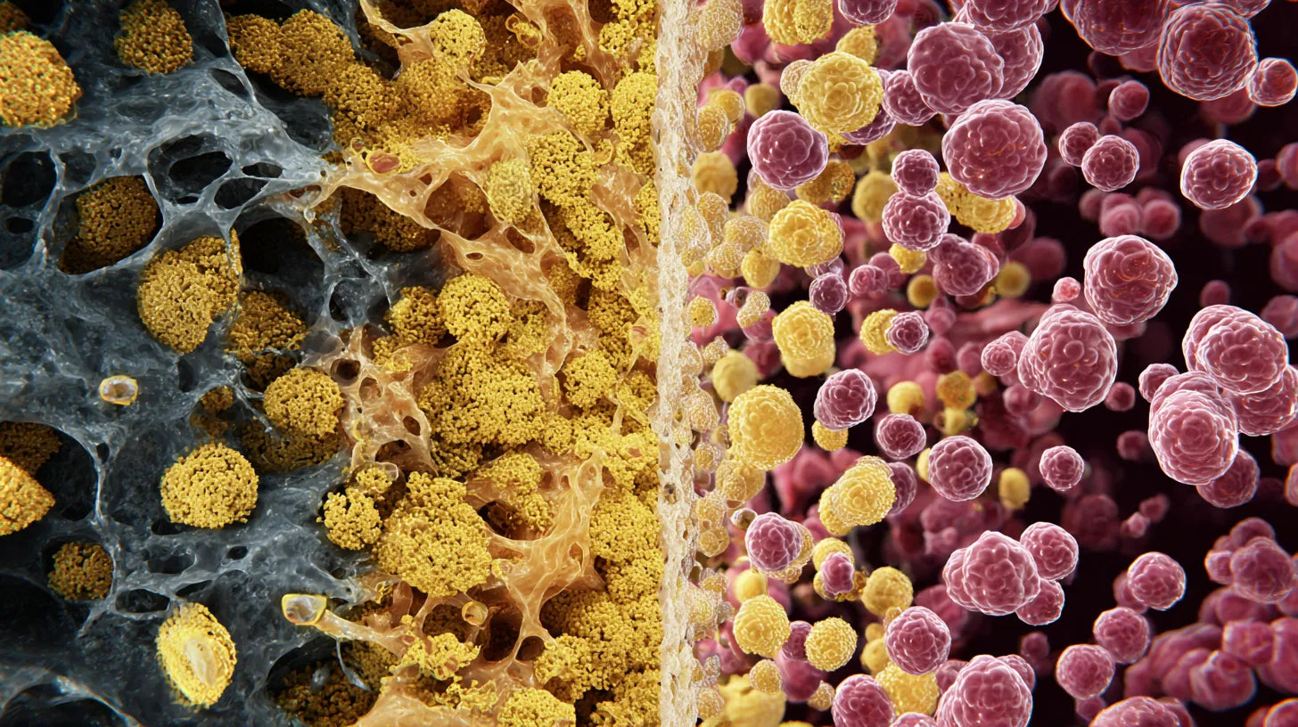 Scientific visualization of skin cells, representing how Retinol normalizes cell turnover to prevent clogged pores in oily skin.