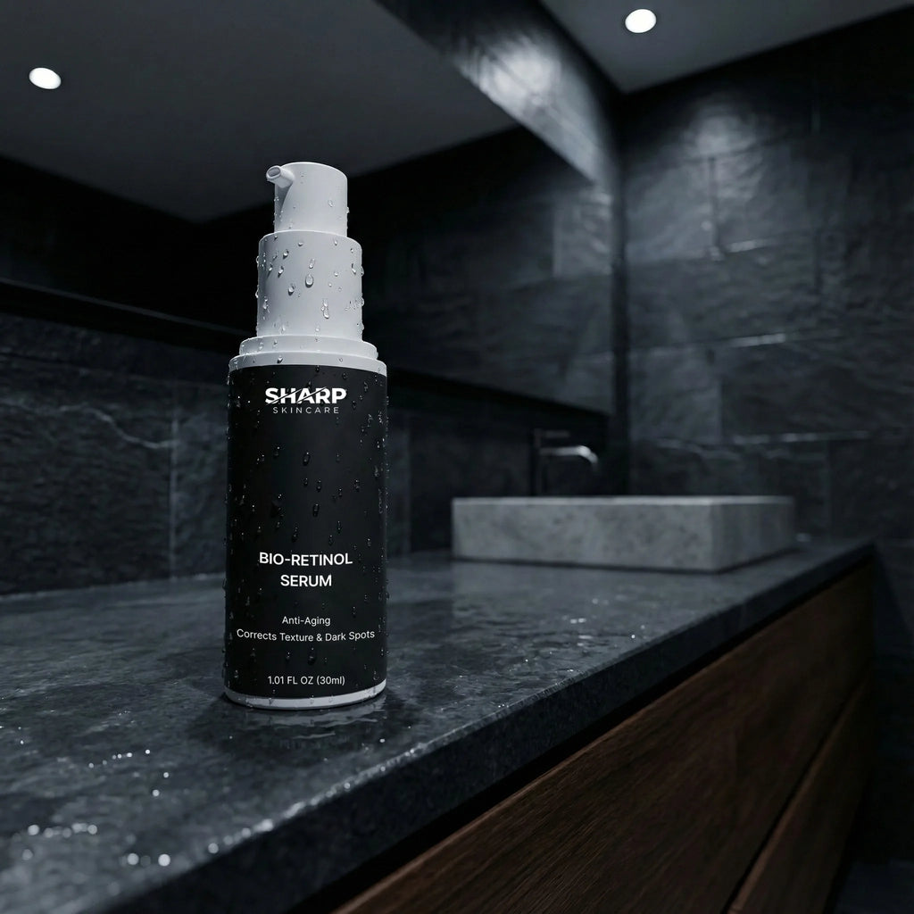 Sharp skincare serum bottle on a dark countertop in a modern bathroom setting