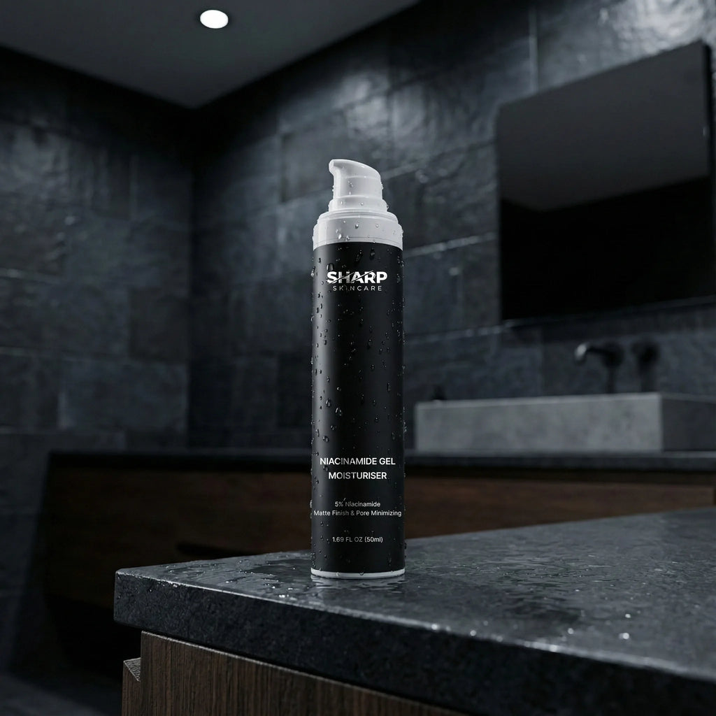 Sharp skincare product on a dark countertop in a bathroom setting