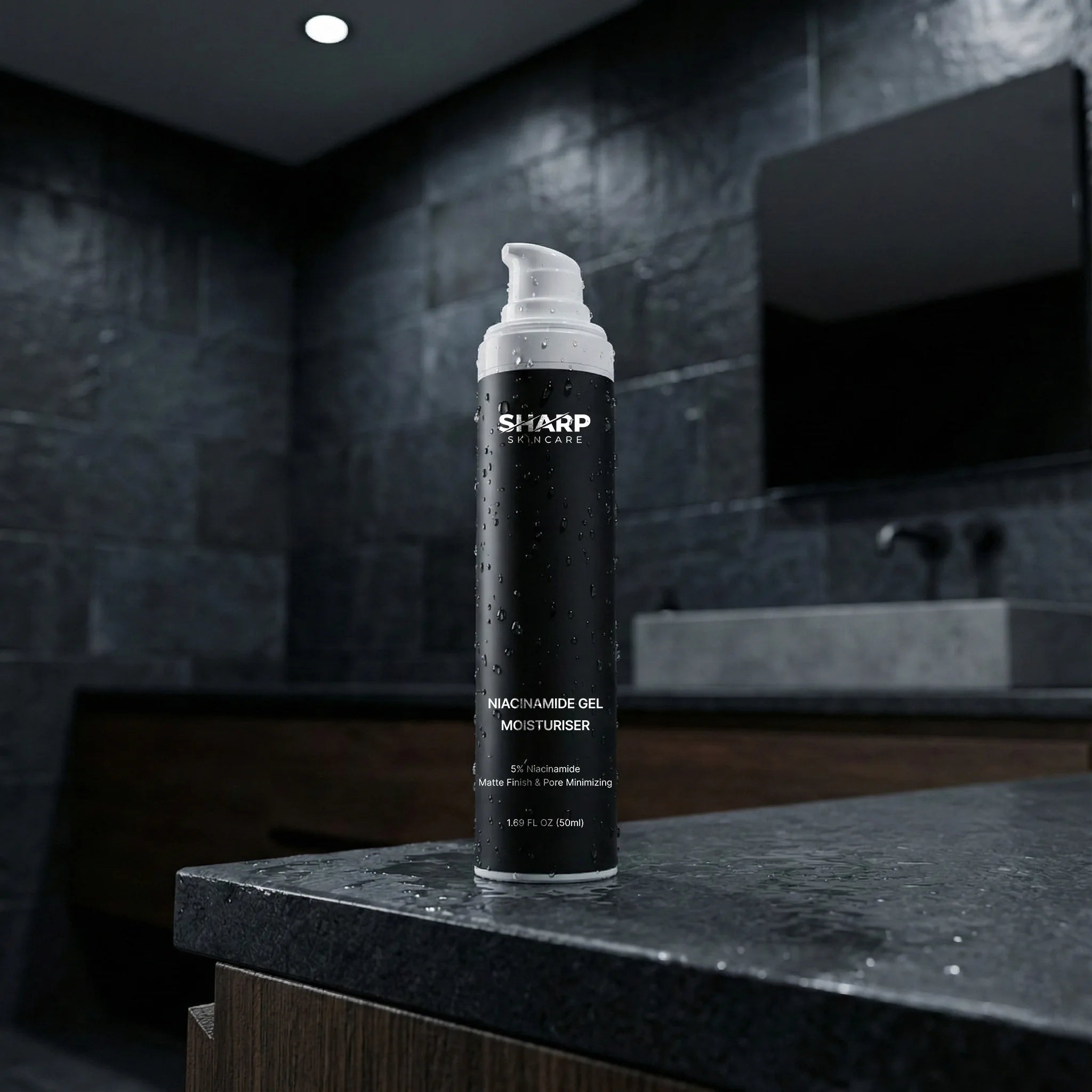 Sharp skincare product on a dark countertop in a bathroom setting