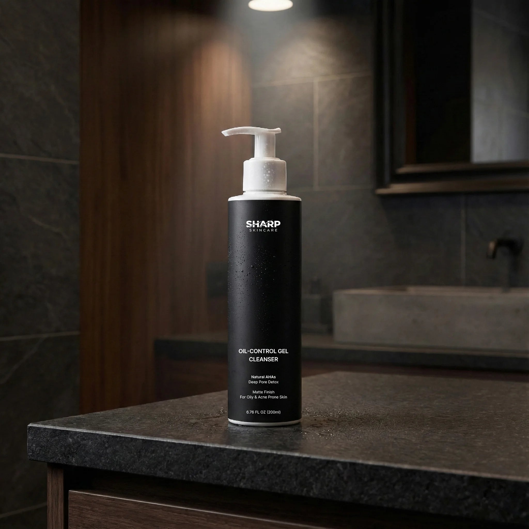 Black bottle of SHARP oil control gel cleanser on a bathroom counter