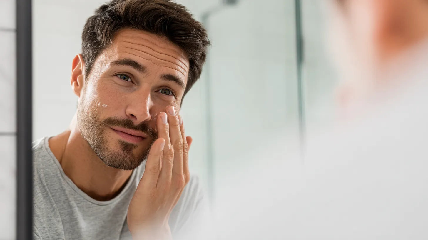 Man applying moisturizer to his face in front of a mirror